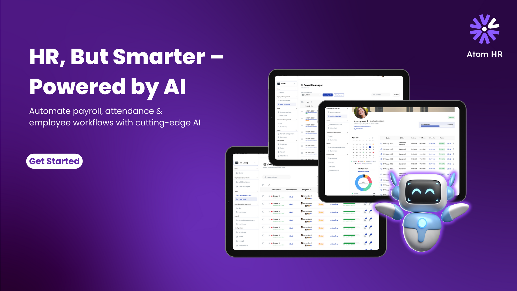 Atom HR dashboard featuring the phrase "HR but smarter" powered by AI, highlighting innovative HR management tools.