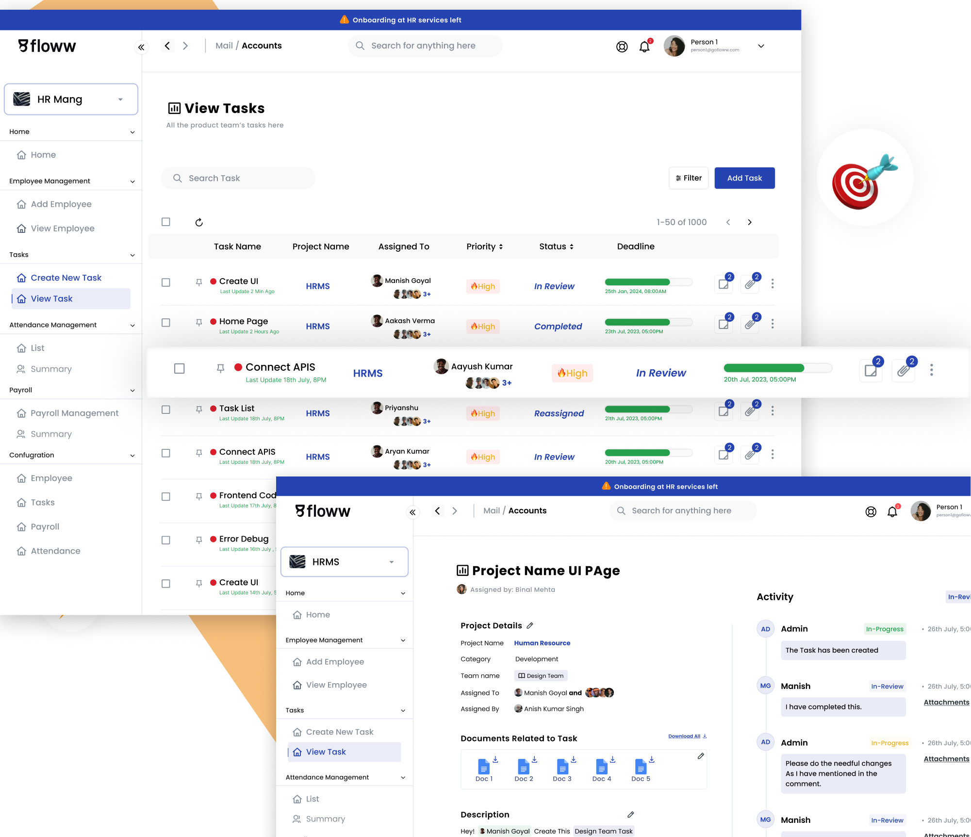 Floww HR interface displays an HR task and project assigned to an employee, streamlining their responsibilities and workload.