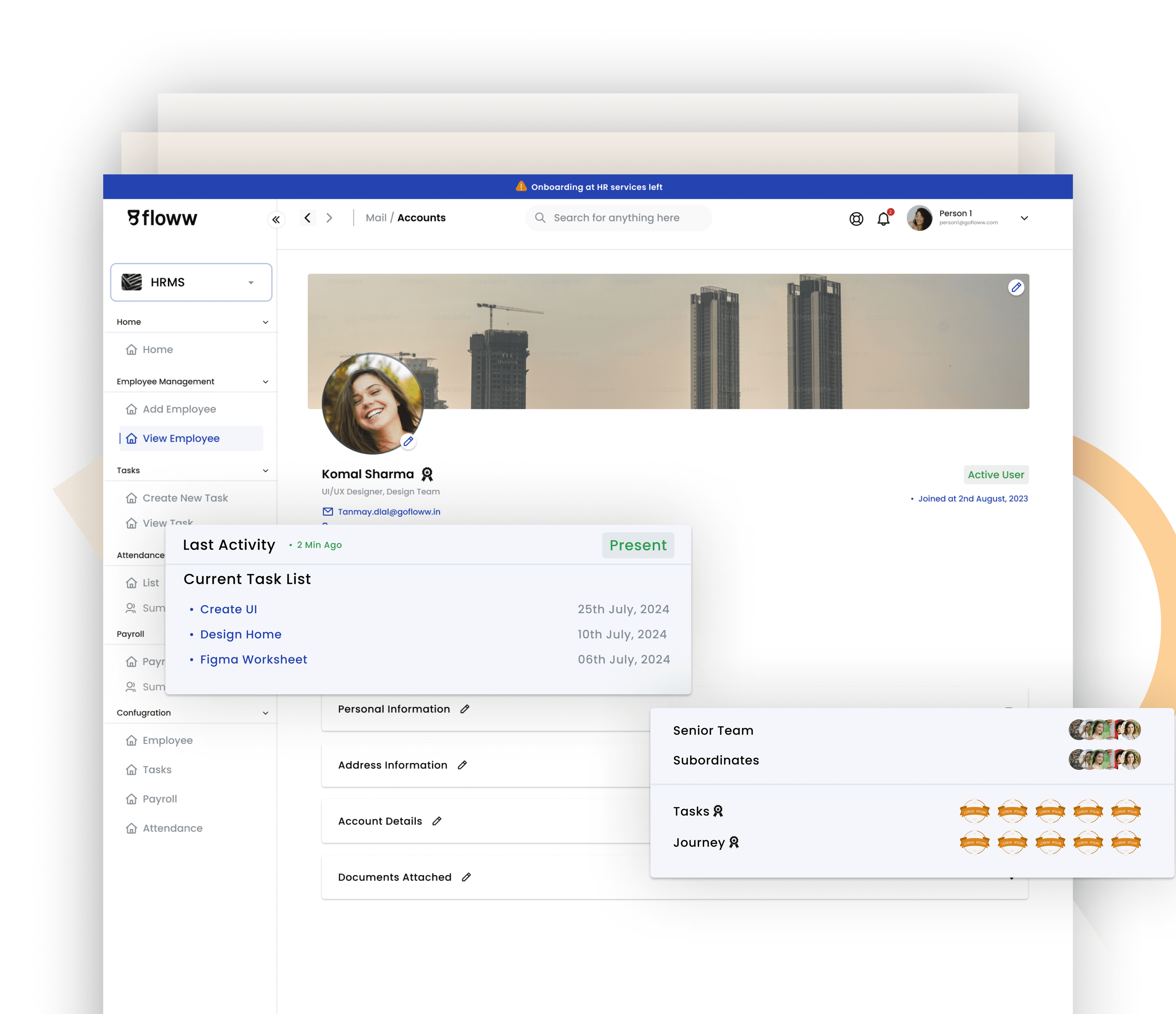 Dashboard of Floww HR software showcasing a list of tasks for the team, designed to track employee performance and task completion.