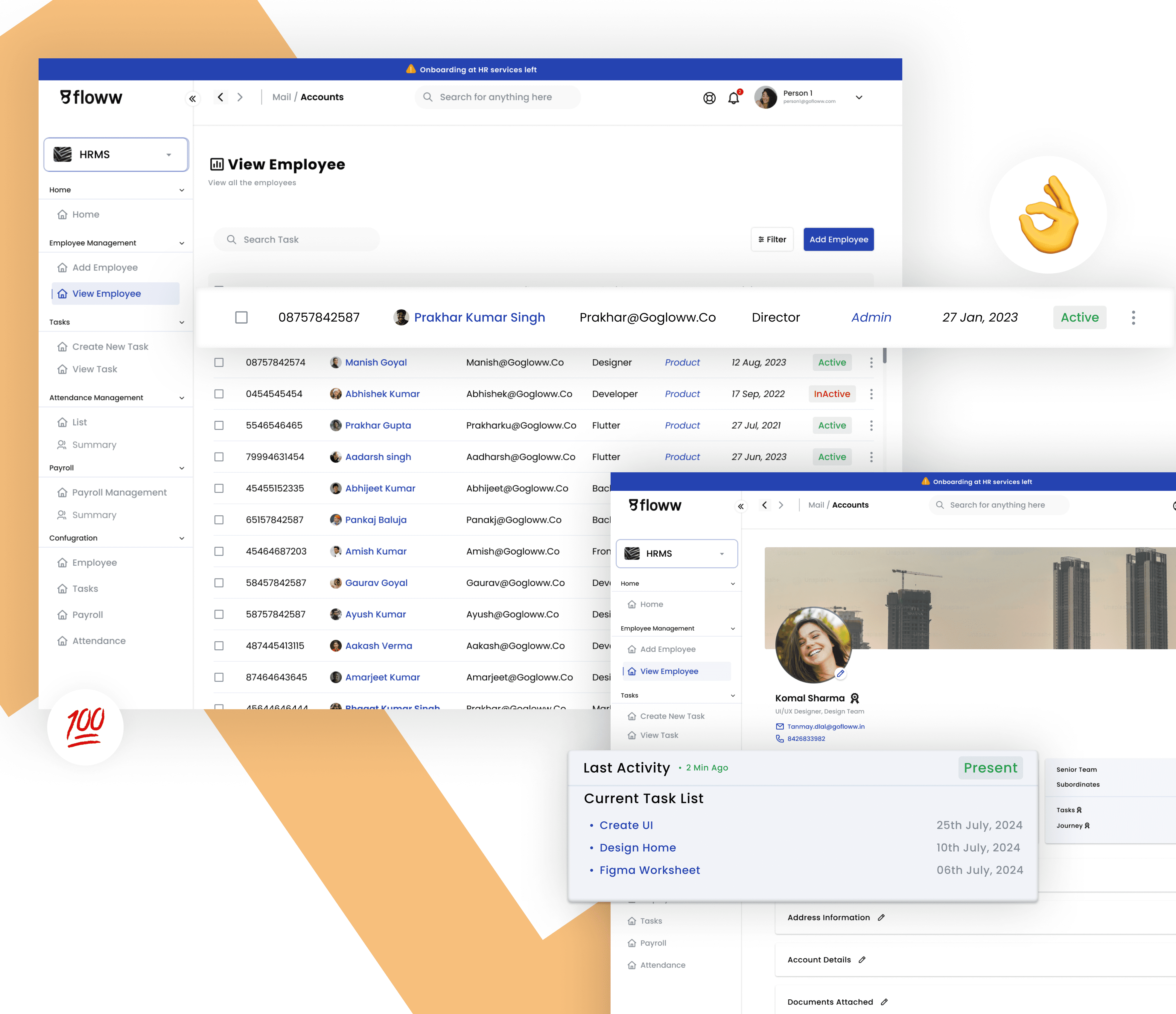 Dashboard of  Floww HR software tailored for small businesses, emphasizing employee management and Task management features.