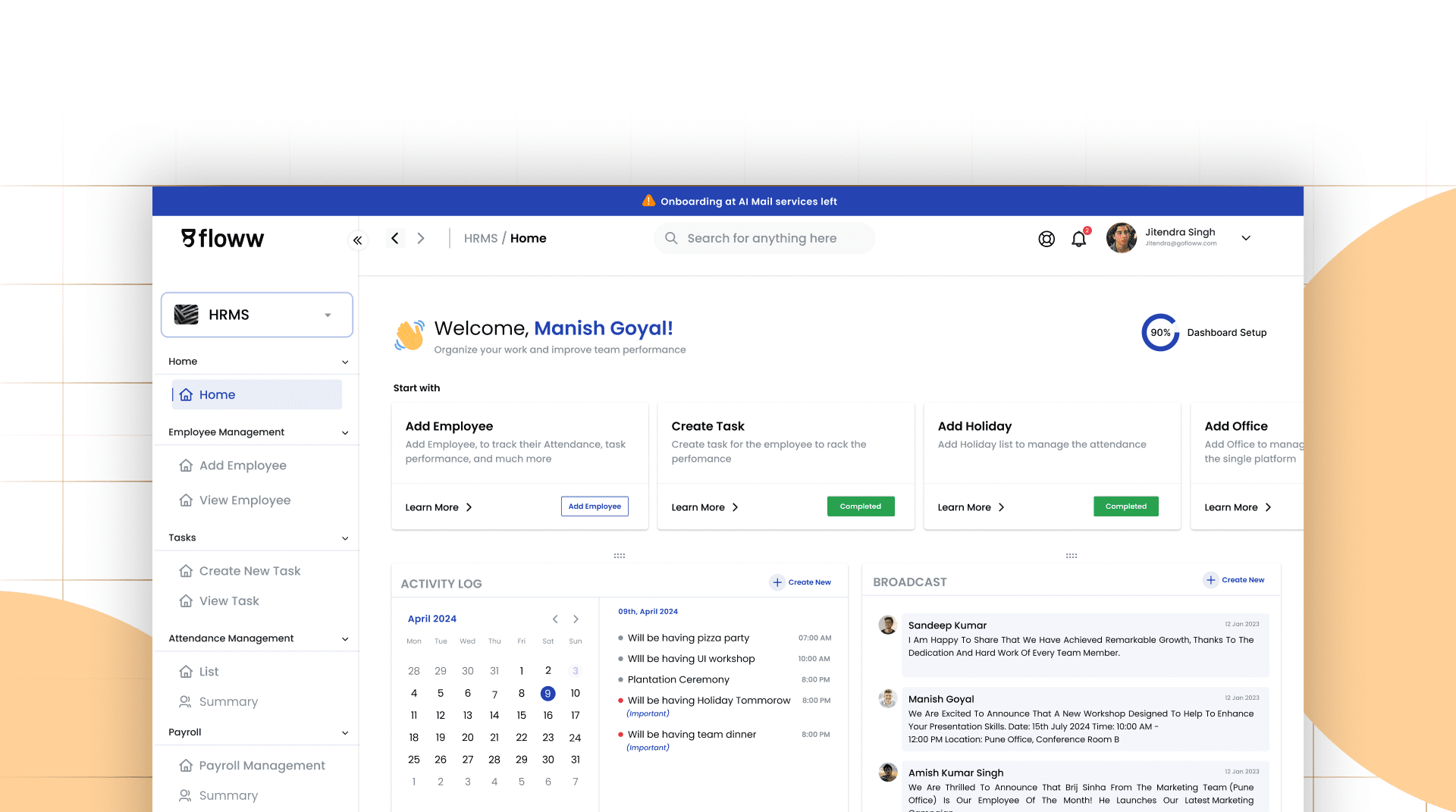 Dashboard of Floww HR Employee Management software showcasing task tracking and team collaboration features.