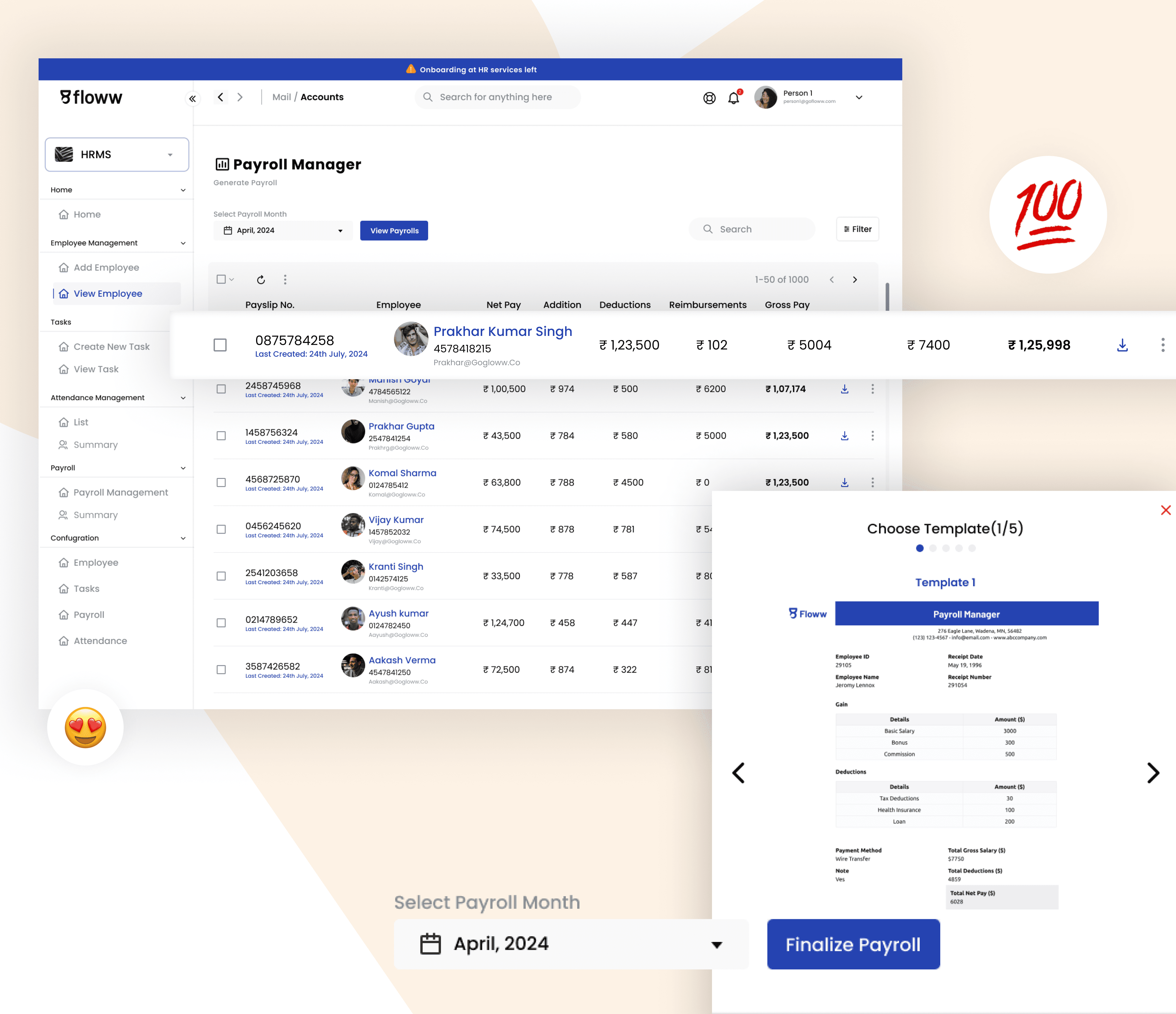 Floww HR Payroll dashboard showcasing salary slips and key business insights for streamlined payroll processing.