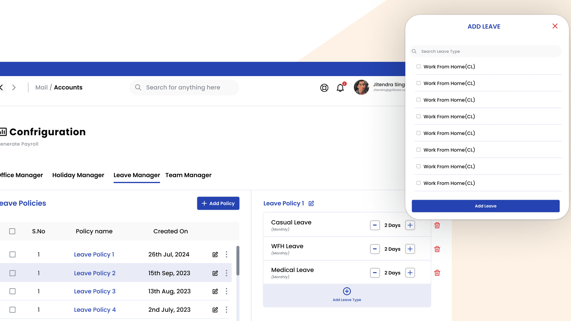 Interface of a Floww HR  application highlighting employee management and leave management functionalities.