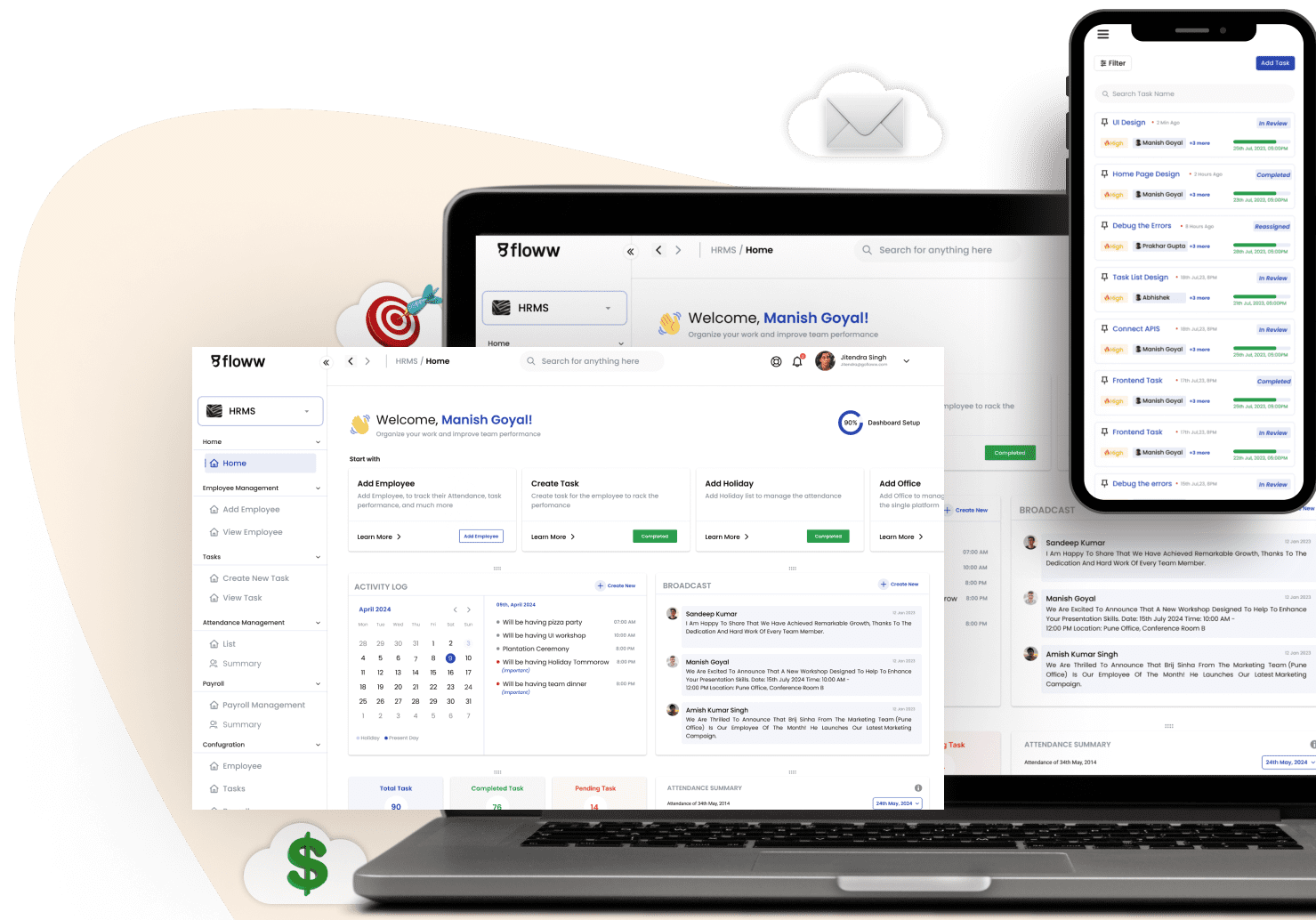 A laptop, tablet, and smartphone displaying the Floww HR Manager  application dashboard, showcasing features like calendar, task management, and notifications.