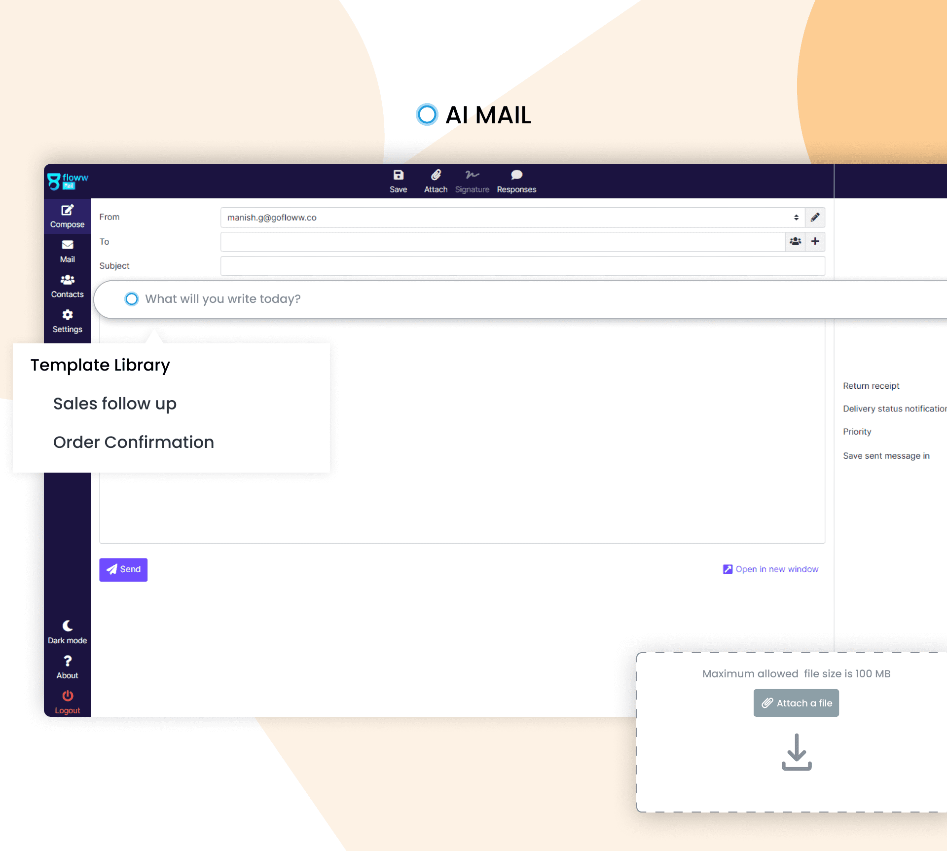 Floww AI Mail software dashboard displaying key metrics and tools for effective business management and communication.