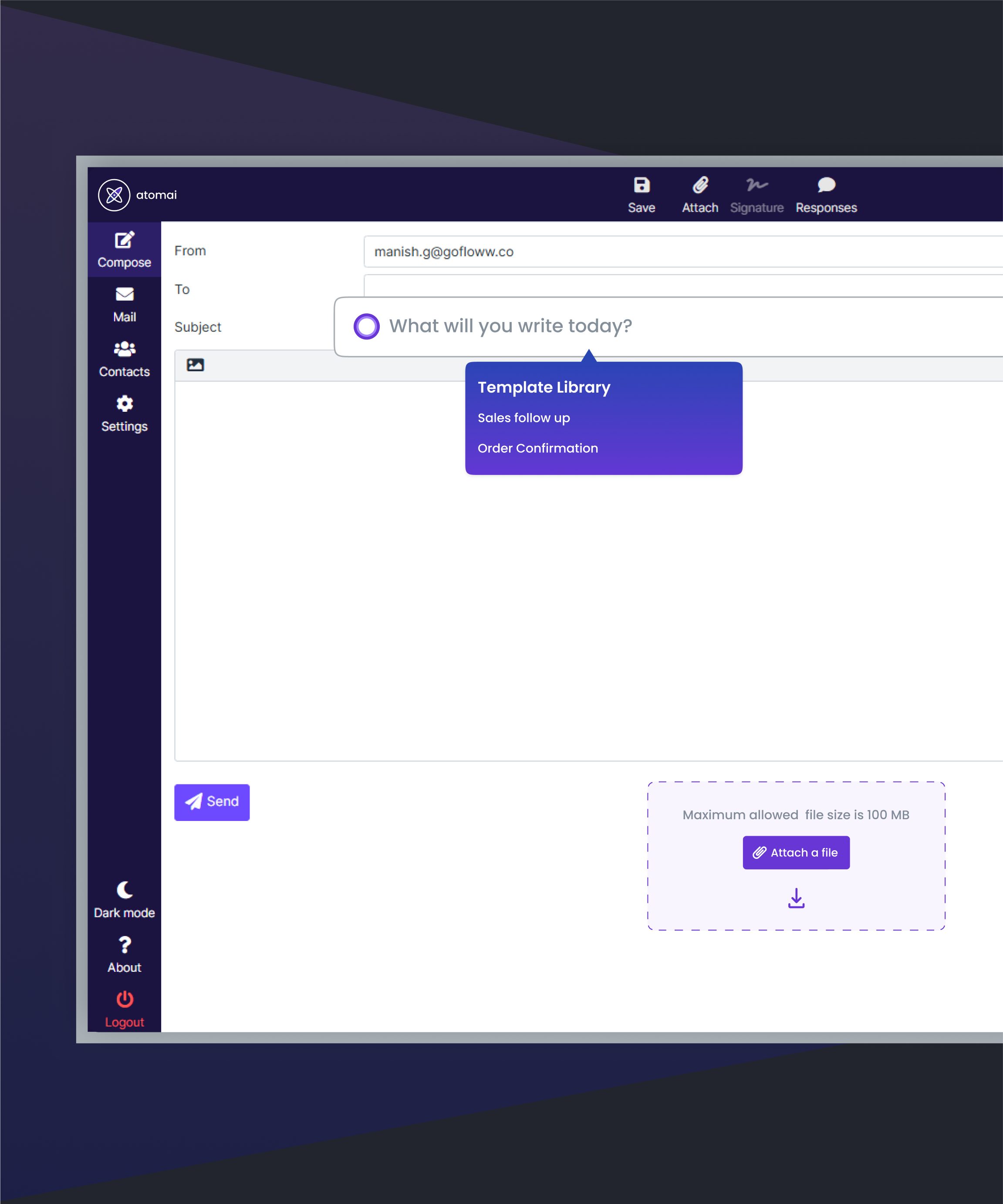  Atom Mail software dashboard displaying key metrics and tools for effective business management and communication.